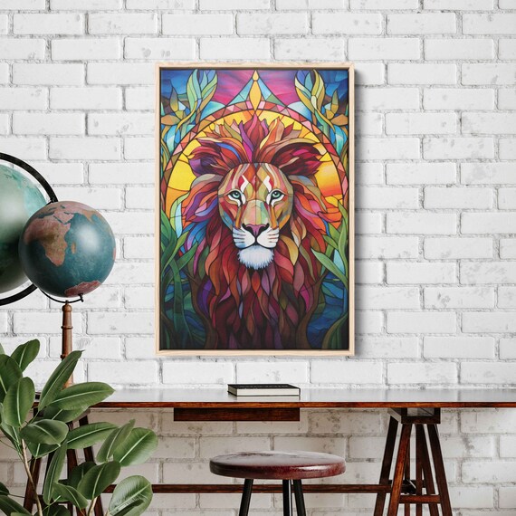 Colorful Mosaic Lion Stained Glass Style King Of Jungle Vibrant Poster