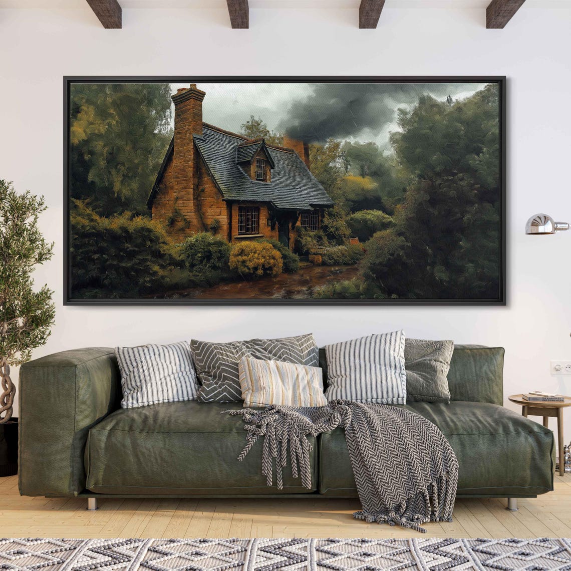 Quaint Old Brick Cottage in the Rain on a Dark Stormy Day Poster