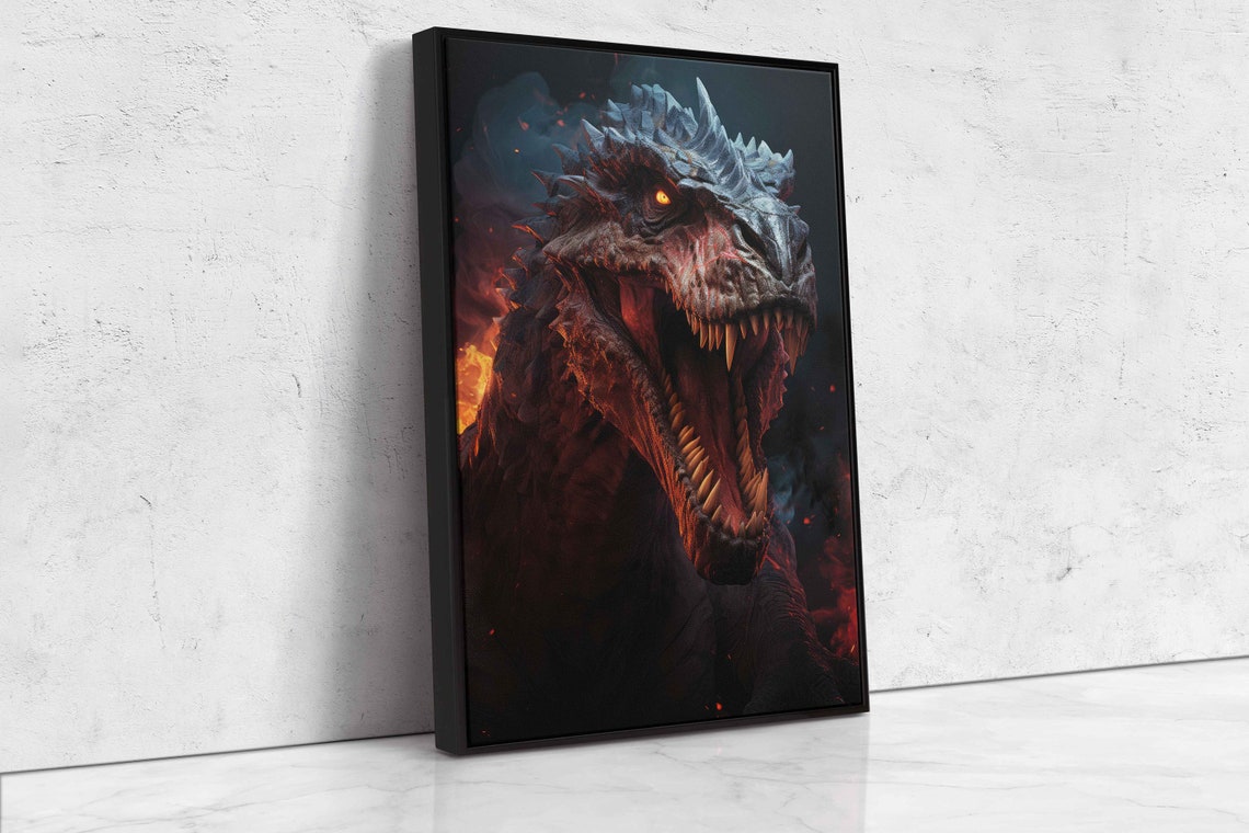 T-Rex Roaring Head On Dark Fiery Night Dinosaur Fantasy Art Poster - Image 4