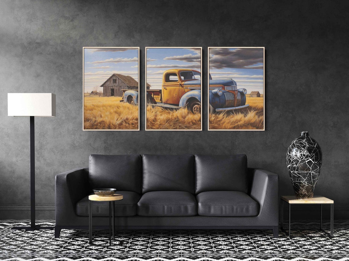 Vintage Pickup Truck Golden Wheat Field Old Barn Triptych Art Print - Image 3