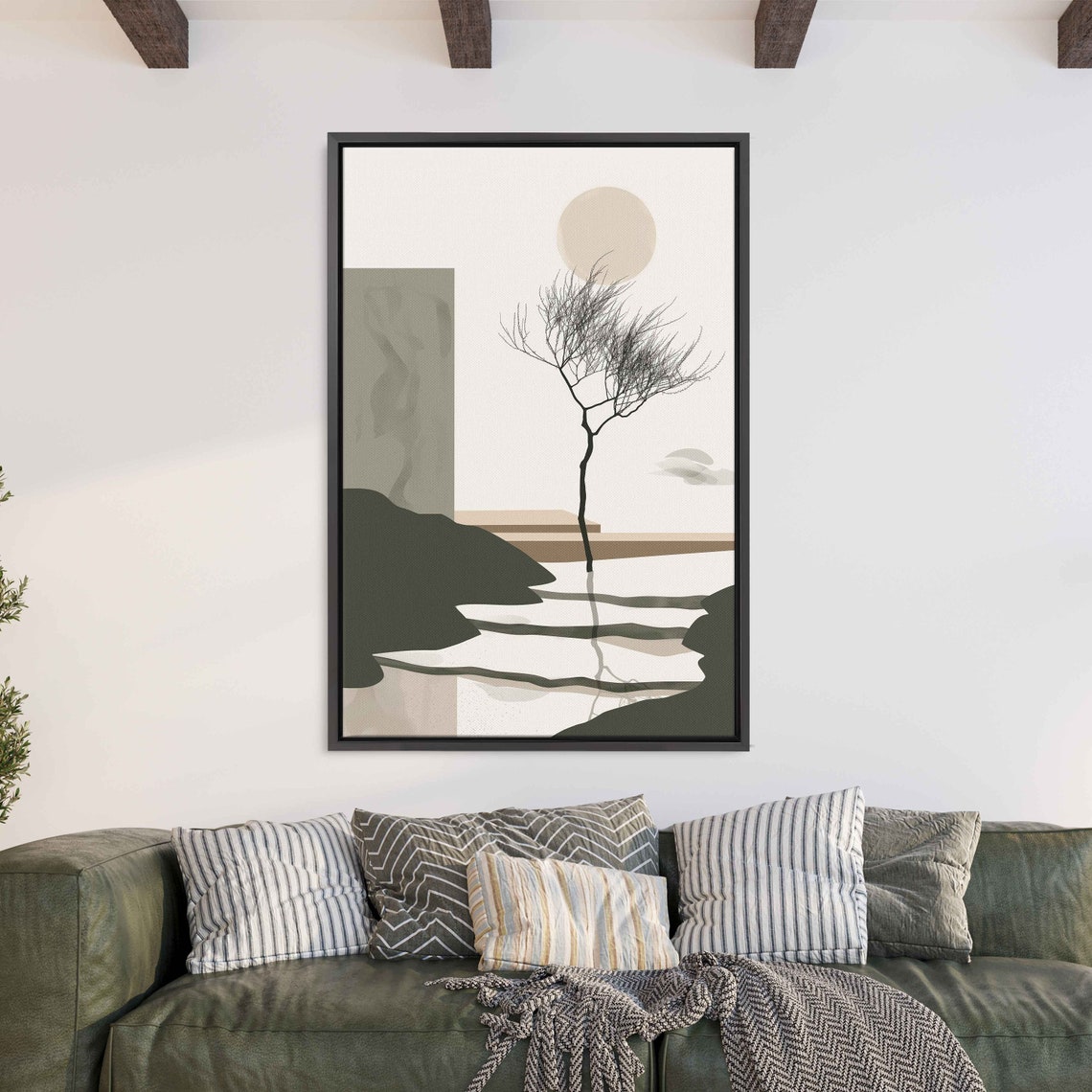Minimalist Zen Garden Full Moon Lone Tree Flowing Water Wall Art