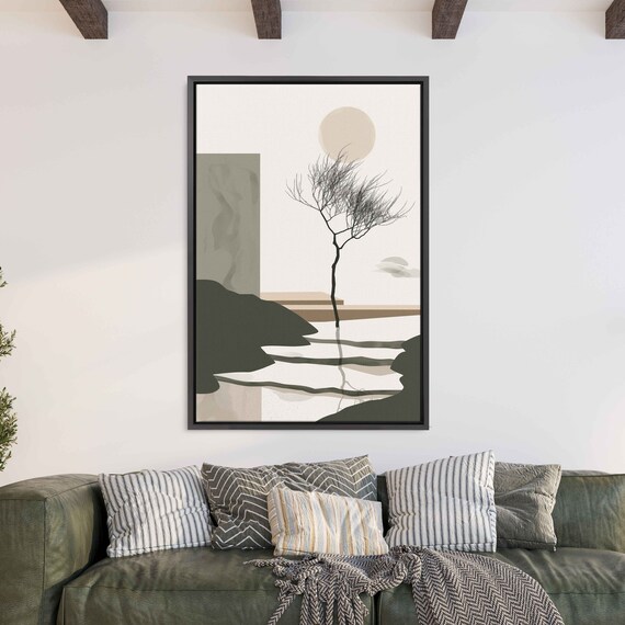 Minimalist Zen Garden Full Moon Lone Tree Flowing Water Wall Art