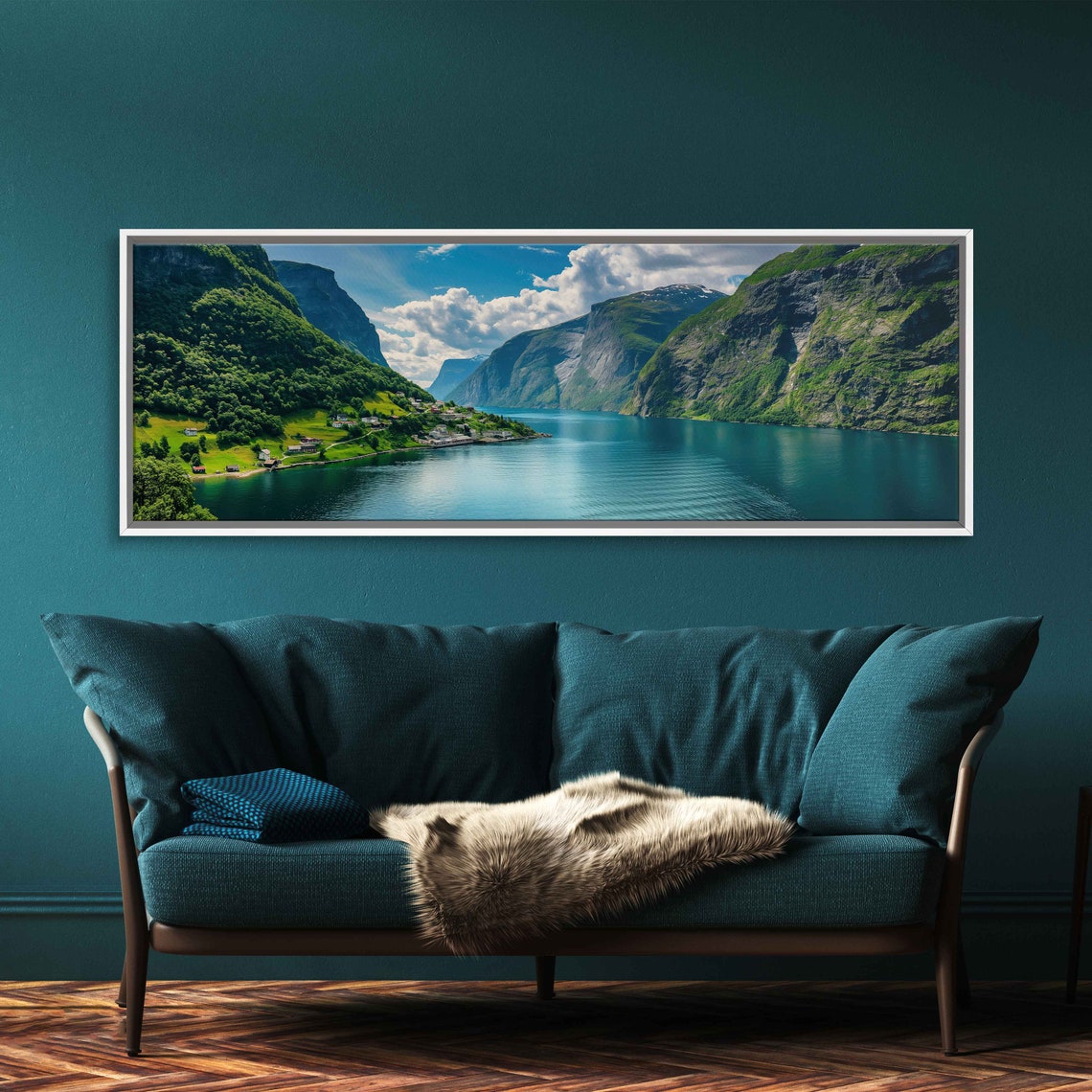 Norwegian Fjords Panoramic Photo Green Cliffs Calm Blue Waters Art