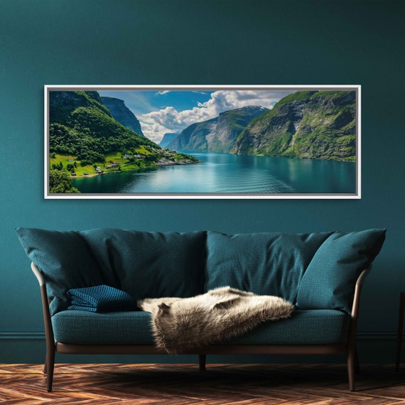 Photo Of Norwegian Fjords Cloudy Blue Skies Lush Greenery Calm Lake Waters Wall Art Print Ready To Hang