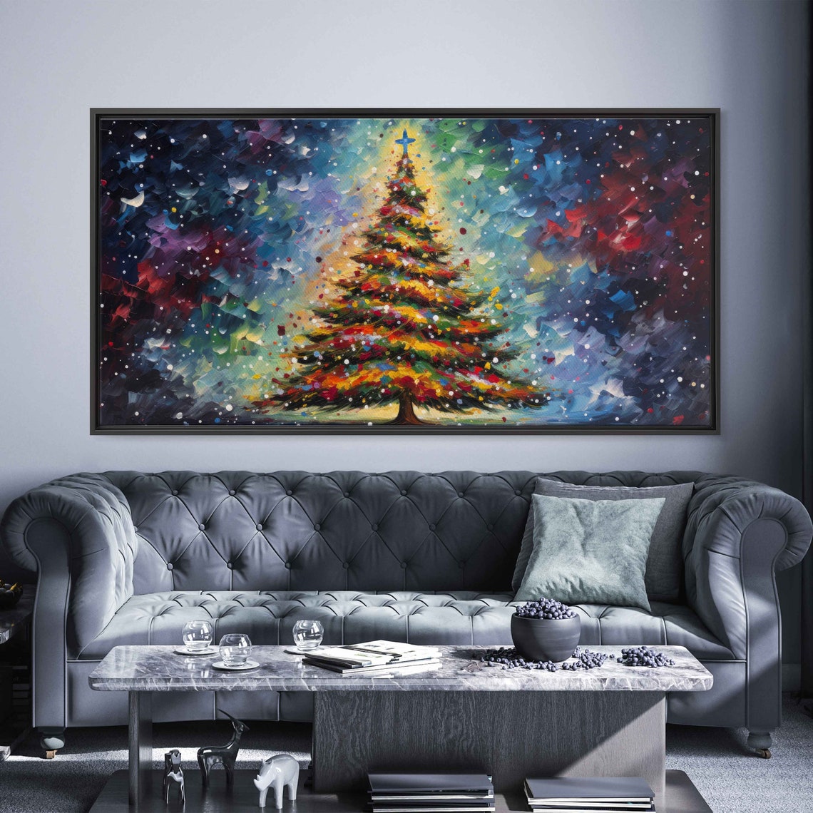 Vibrant Christmas Tree Colorful Impasto Cosmic Sky Painting Poster - Image 2