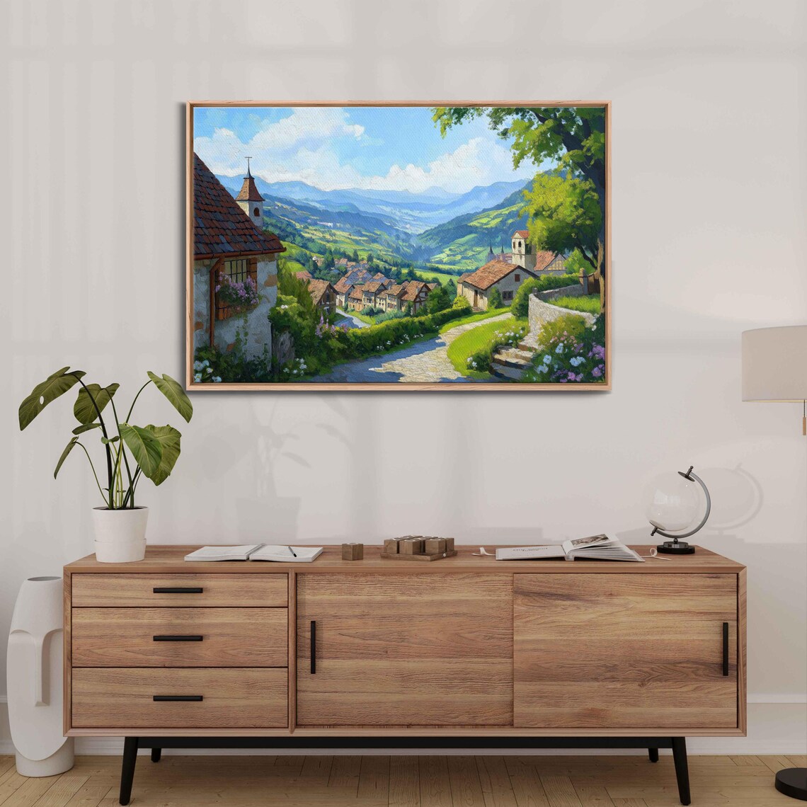 Vintage European Village Hillside Church Cobblestone Street Poster