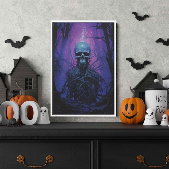 Haunted Skull Emerging From Roots Magenta Forest Halloween Art Poster