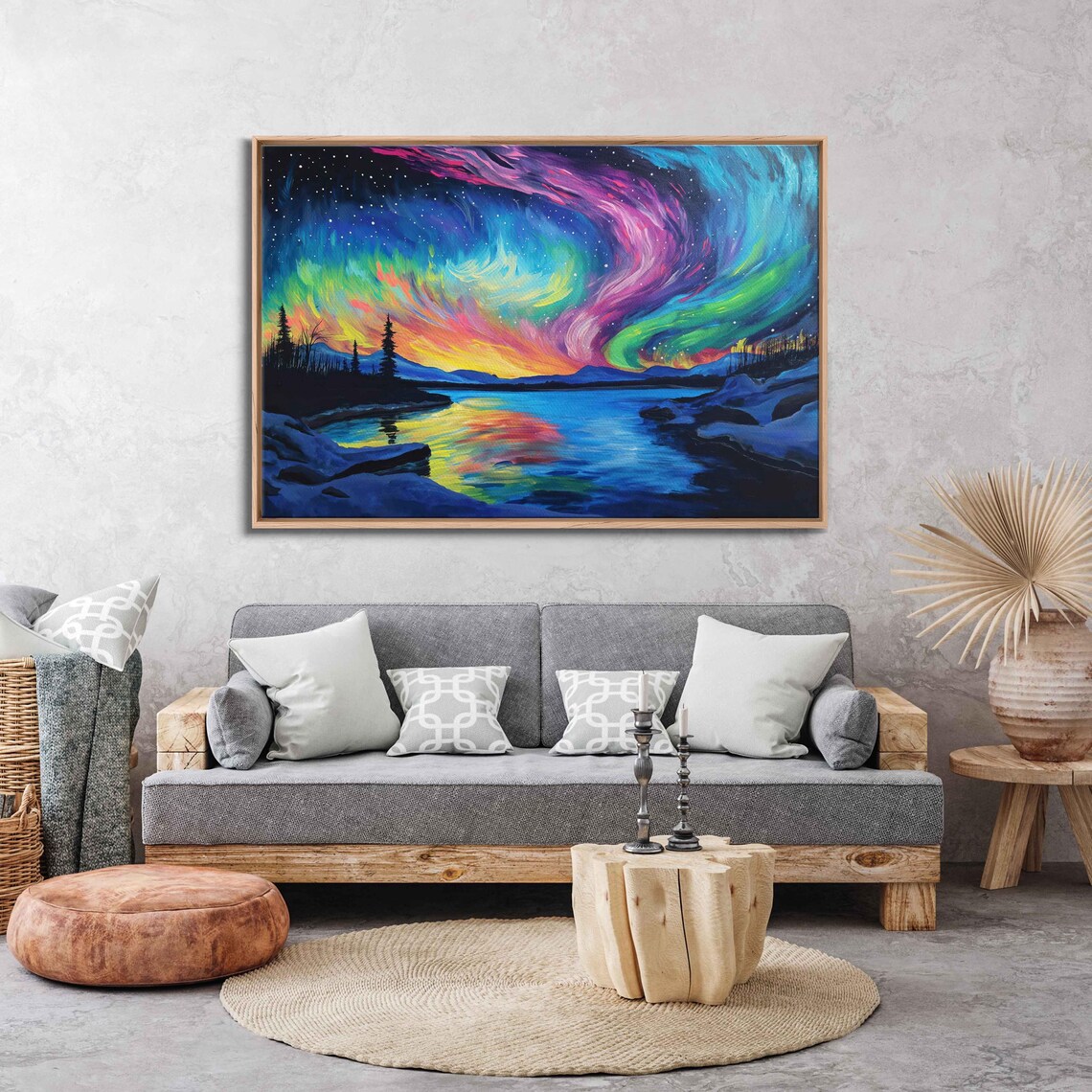 Colorful Northern Lights Over Snowy Lake Acrylic Painting Poster - Image 3