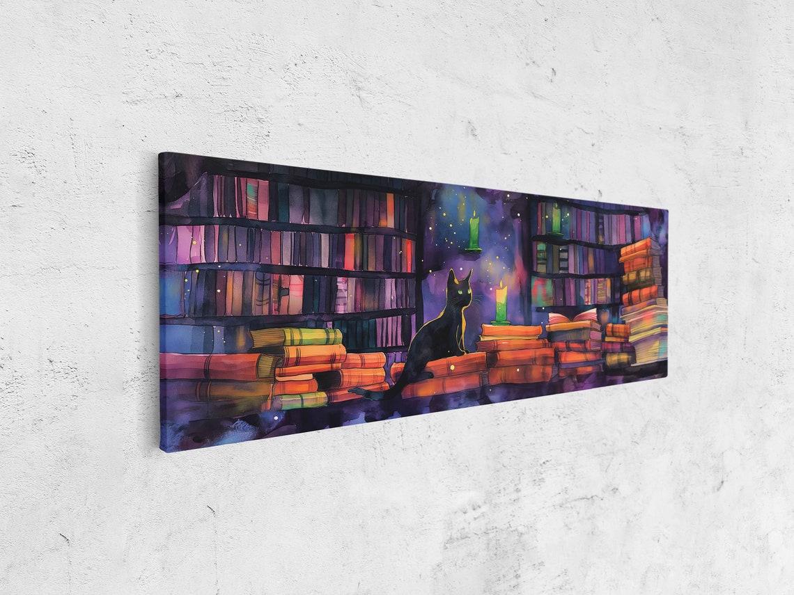 Black Cat Sitting Among Colorful Bookshelves Candlelight Poster - Image 4