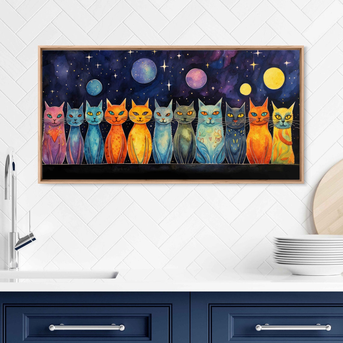 Celestial Watercolor Cats Starry Sky Moons Colorful Row Wall Art Print