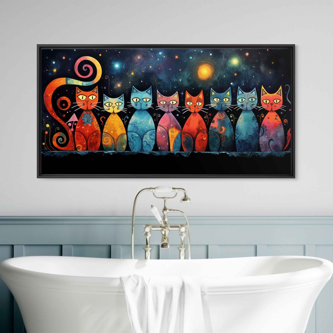 Celestial Colorful Cats Row Starry Night Sky Whimsical Panoramic Print - Image 2