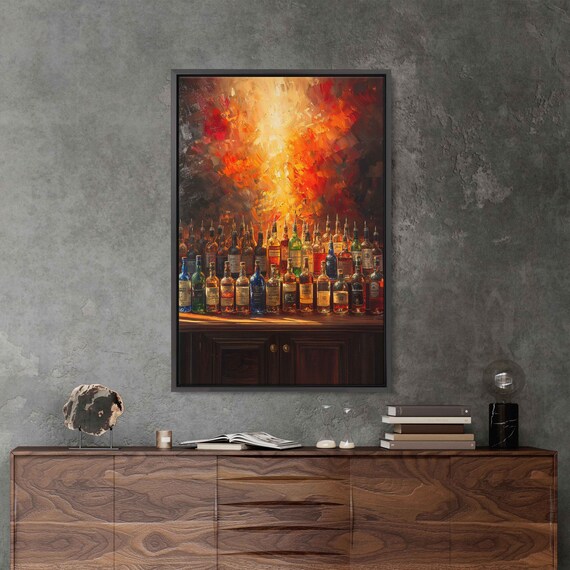 Liquor Bottles Lit Up Behind Bar Oil Painting Wall Art Print Gift For Bartender Bar Life Alcohol Painting Ready To Hang