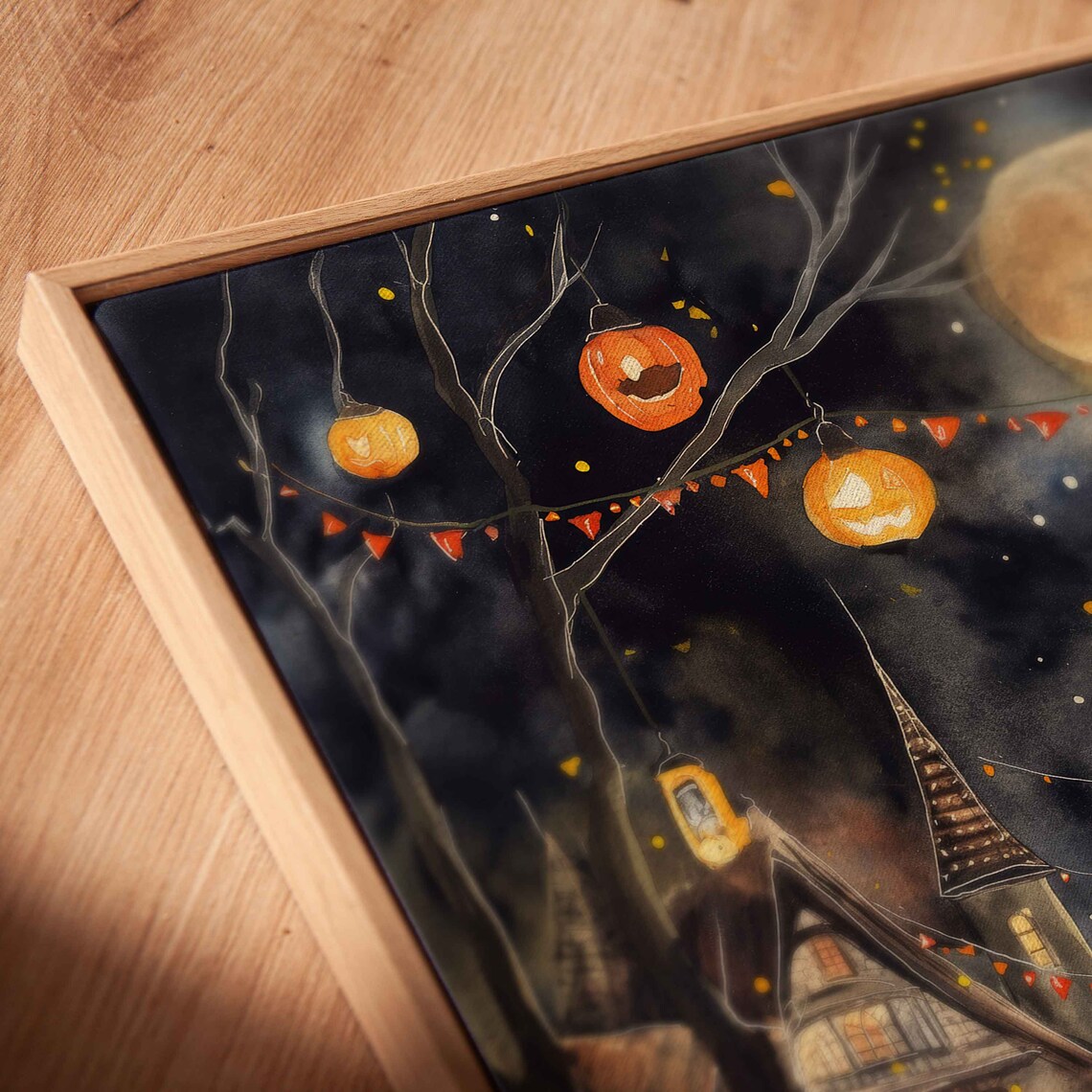 Halloween Village Square Trick Or Treating Under Full Moon Night Sky Wall Art - Image 2