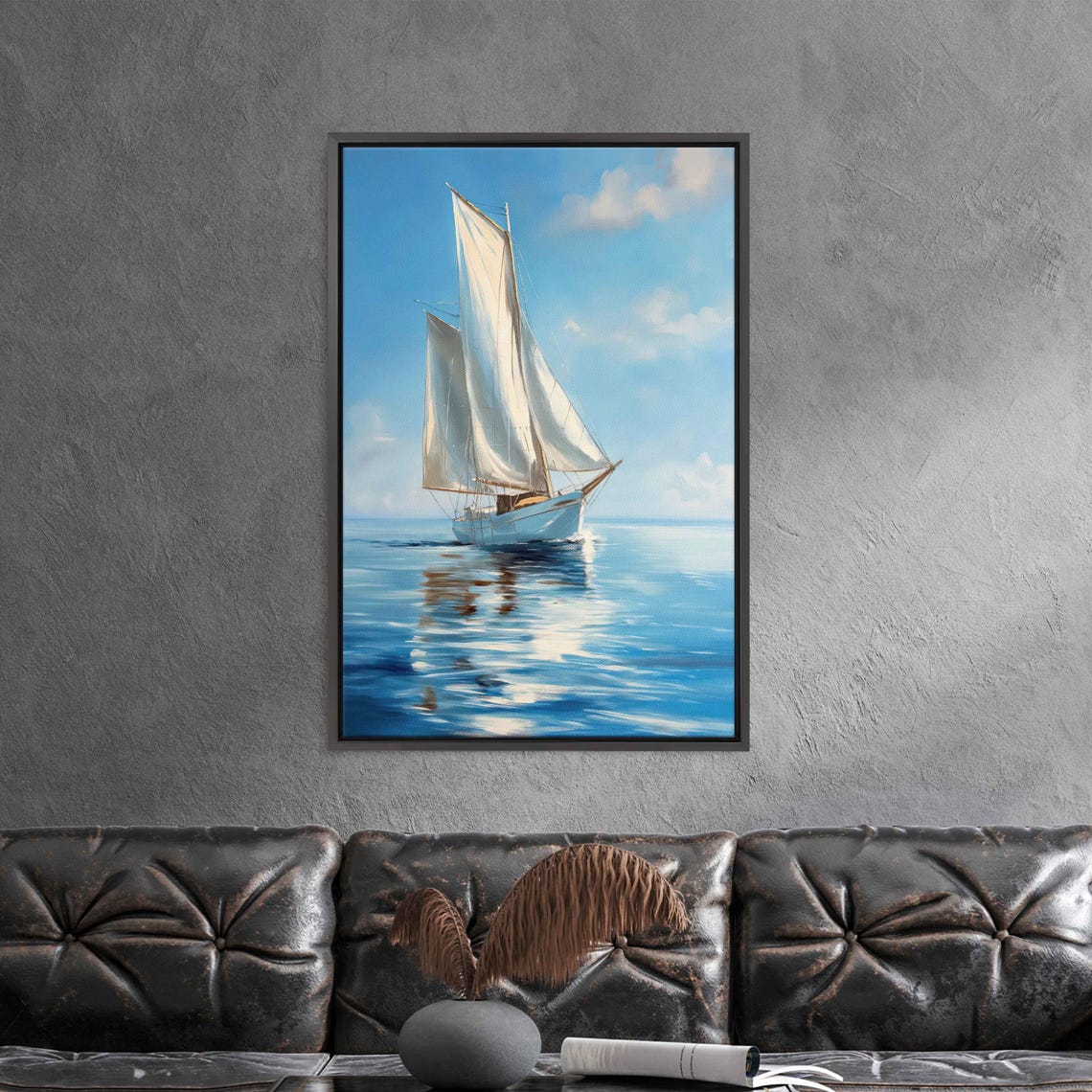 Sailboat With Billowing White Sails On Sunny Calm Blue Water Poster - Image 3