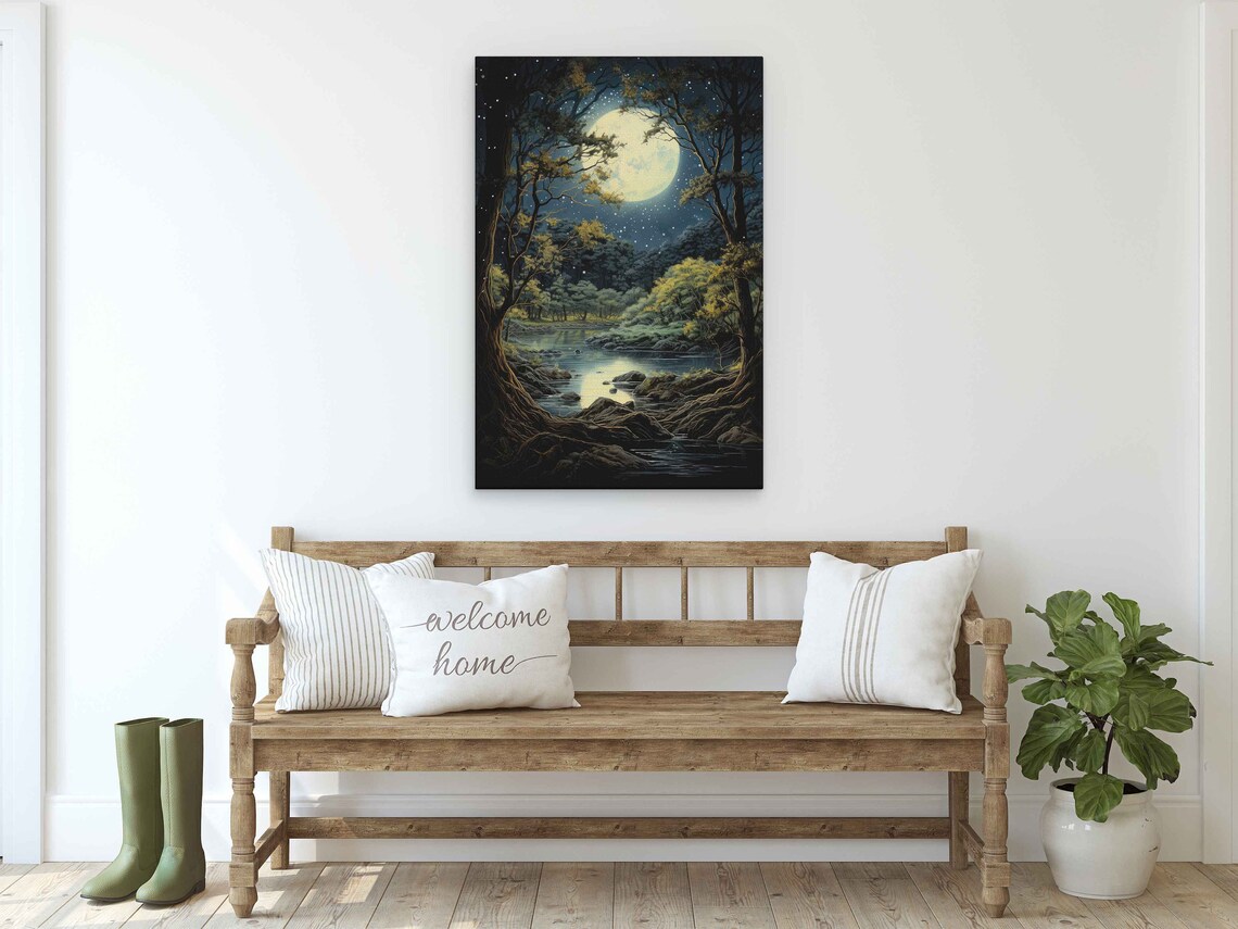 Moonlit Forest Acrylic Painting Art Print, Guest Room - Image 2