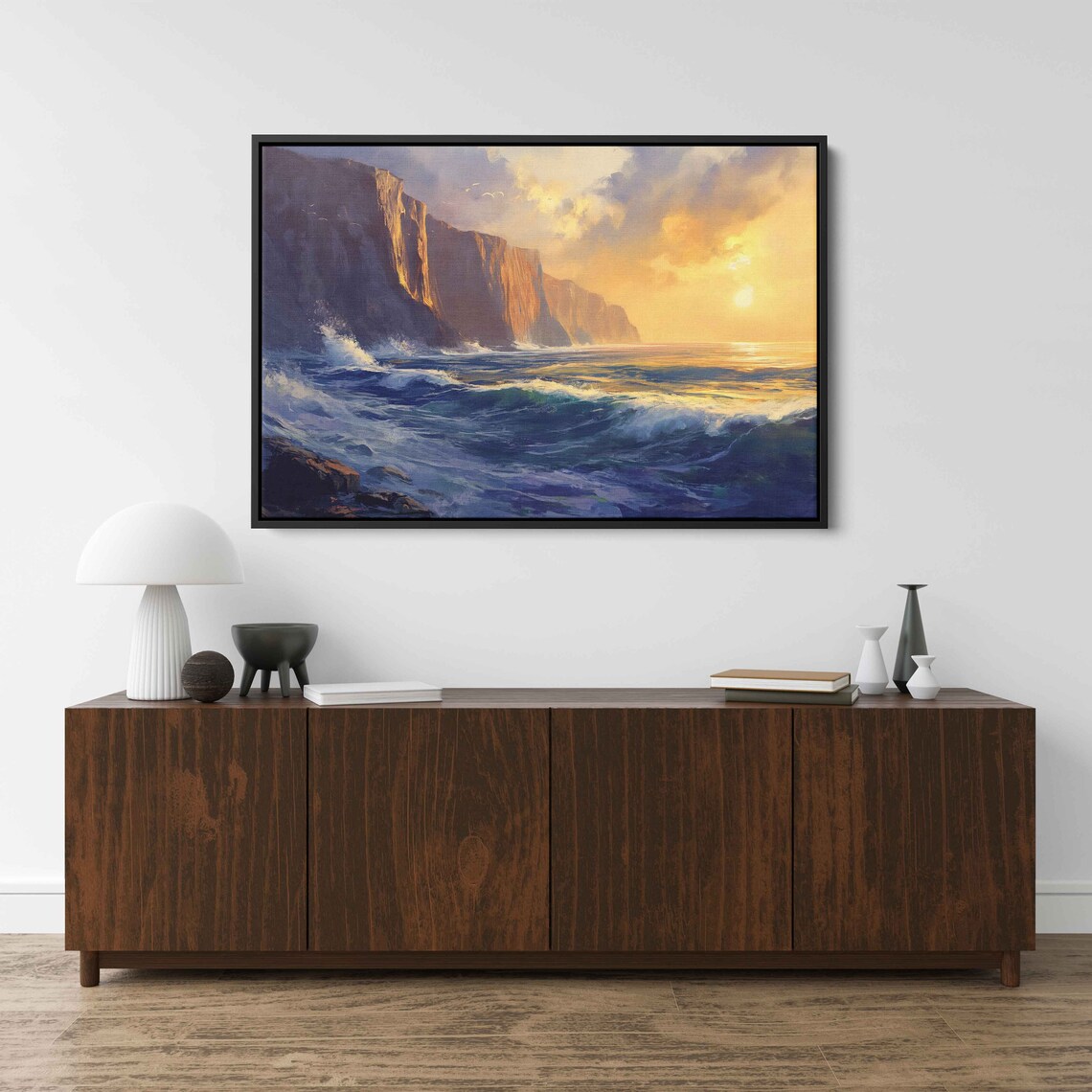 Ocean Waves Crashing Tall Cliffs Golden Sunset Seascape Painting Poster - Image 3