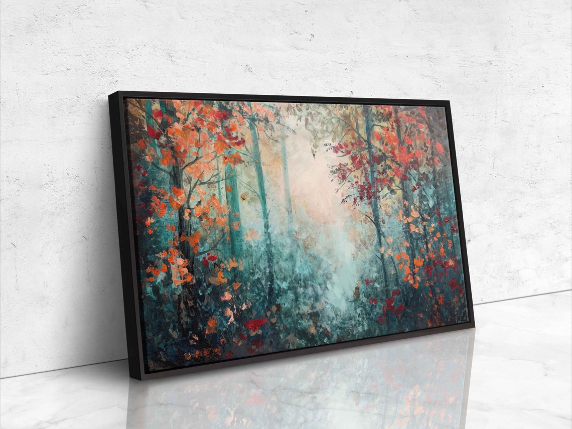 Abstract Autumn Forest Teal Trees Orange Foliage Modern Art Print - Image 4
