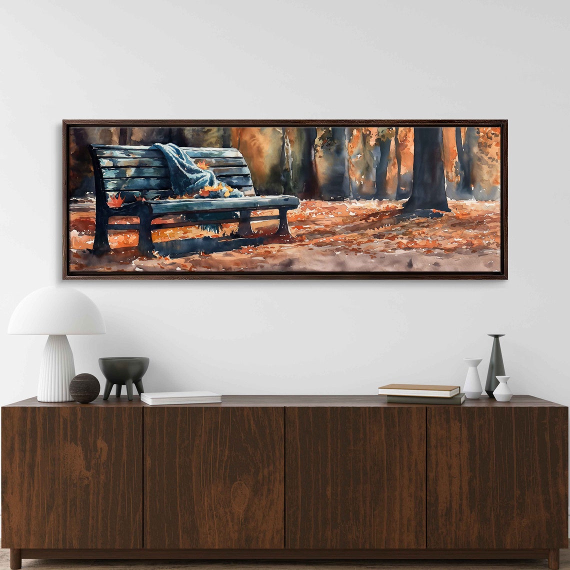 Cozy Park Bench With Blanket In Autumn Foliage Watercolor Art Poster - Image 3
