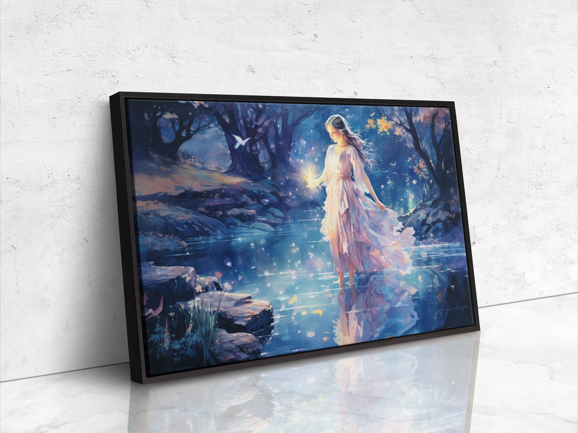 Moonlit Forest Stream Enchanted Woman Night Magic Fairytale Print - Image 4