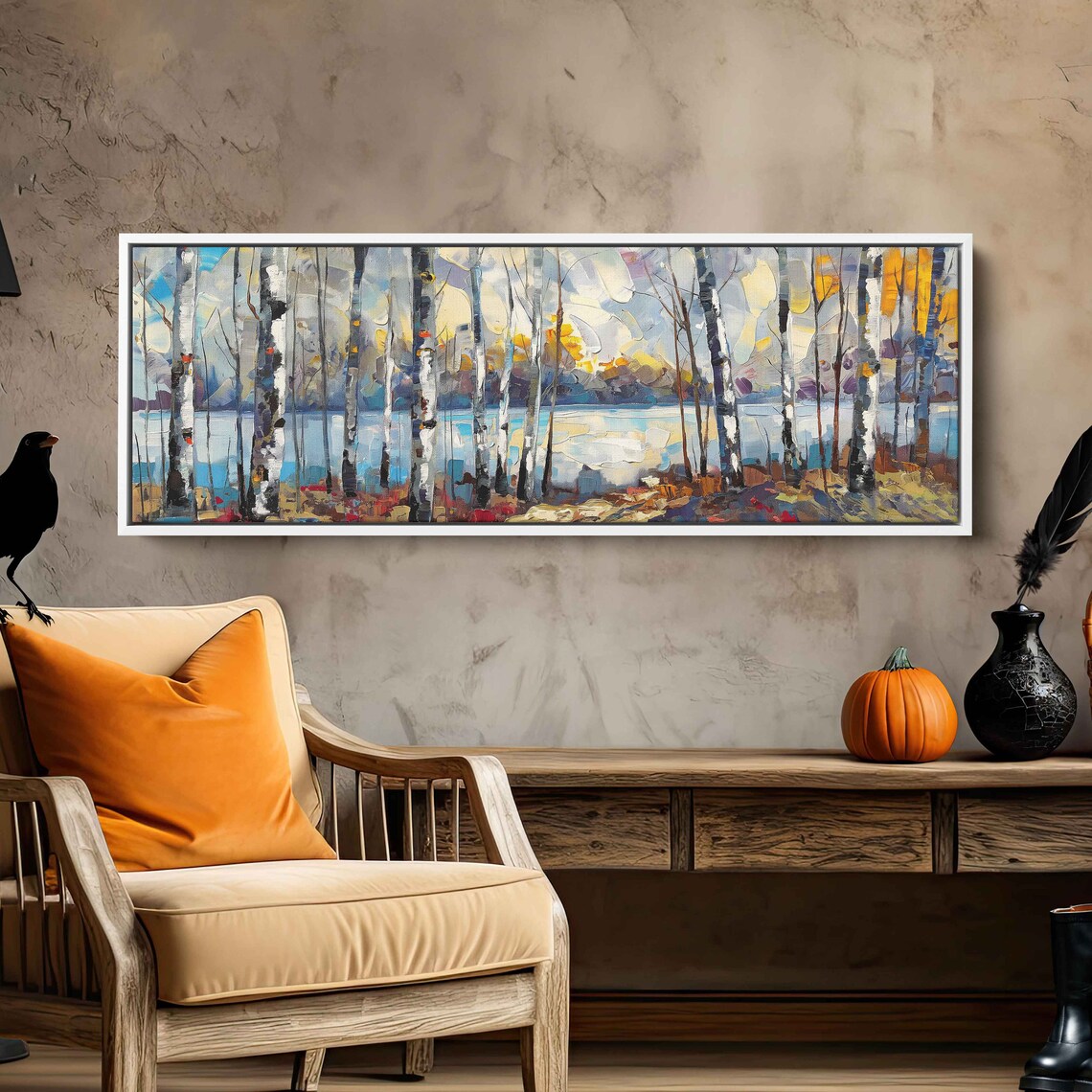 Birch Trees Lined Up Panoramic Acrylic Wall Art Print Impressionist Art Tiny Branches Gift For Naturalist Ready To Hang - Image 2