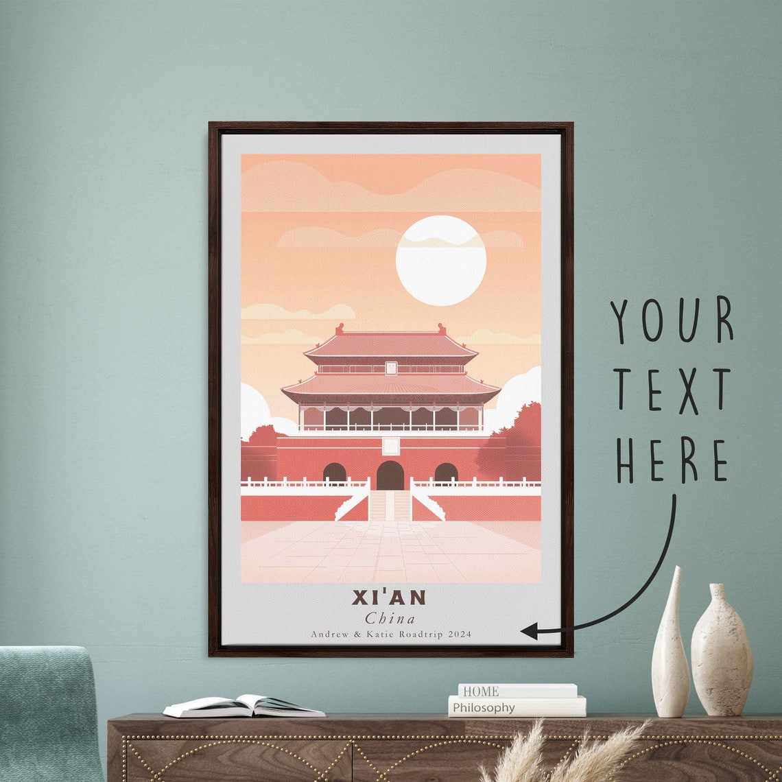 Xi'an China Red Palace Gate Full Moon Minimal Sunset Travel Poster - Image 3