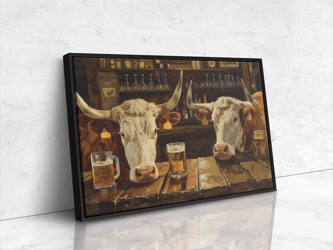 Longhorn Cows at Bar, Rustic Farmhouse Art Print - Image 4