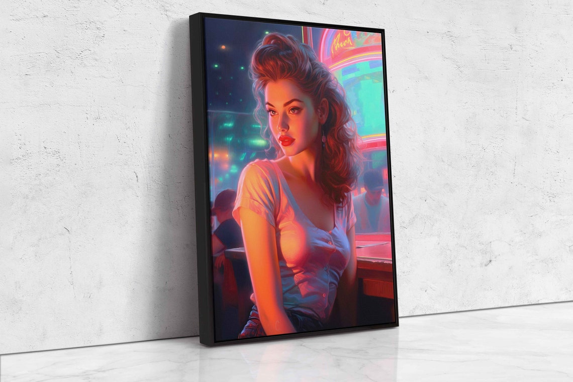Retro Woman Portrait Neon Bar Pink Green Lights Vintage Pop Art Poster - Image 4
