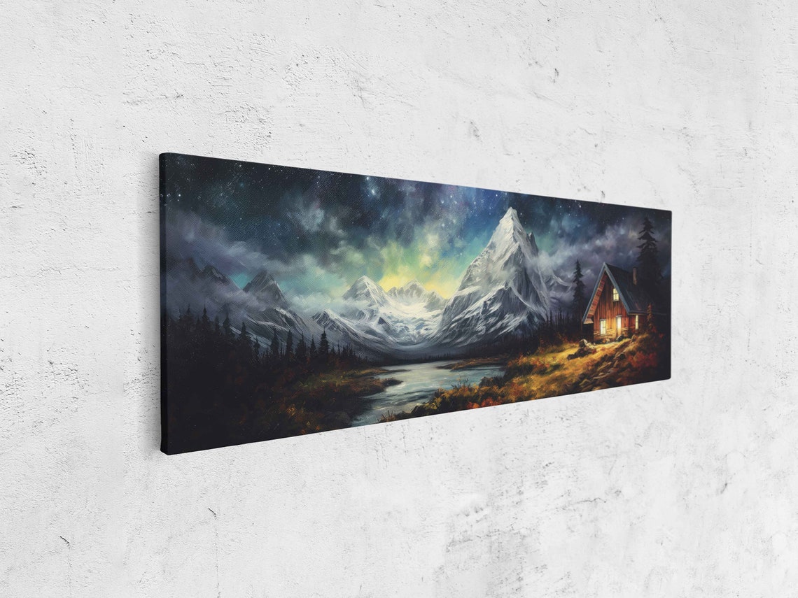 Lakeside Cabin at Night Glowing Windows Snowy Peaks Aurora Poster - Image 4