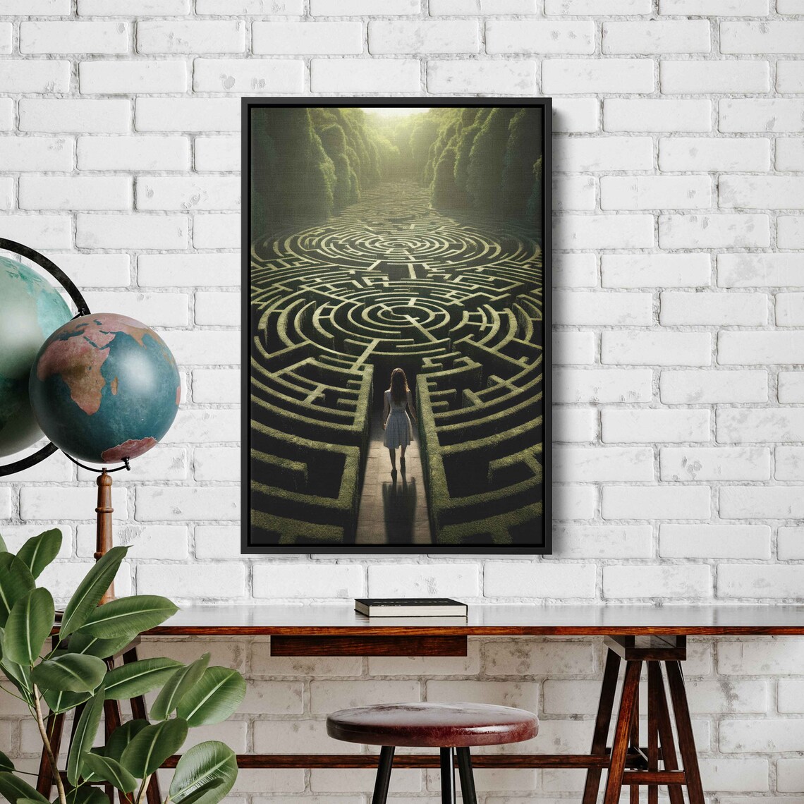 Girl At Entrance Of Giant Hedge Maze Sunlit Garden Labyrinth Art Print