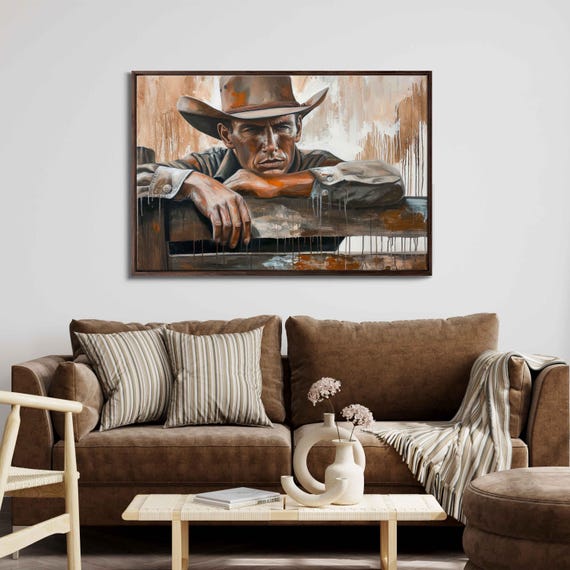 Vintage Cowboy Leaning Against Fence Acrylic Wall Art Print Realistic Painting Western Wall Art Rustic Painting Ready To Hang