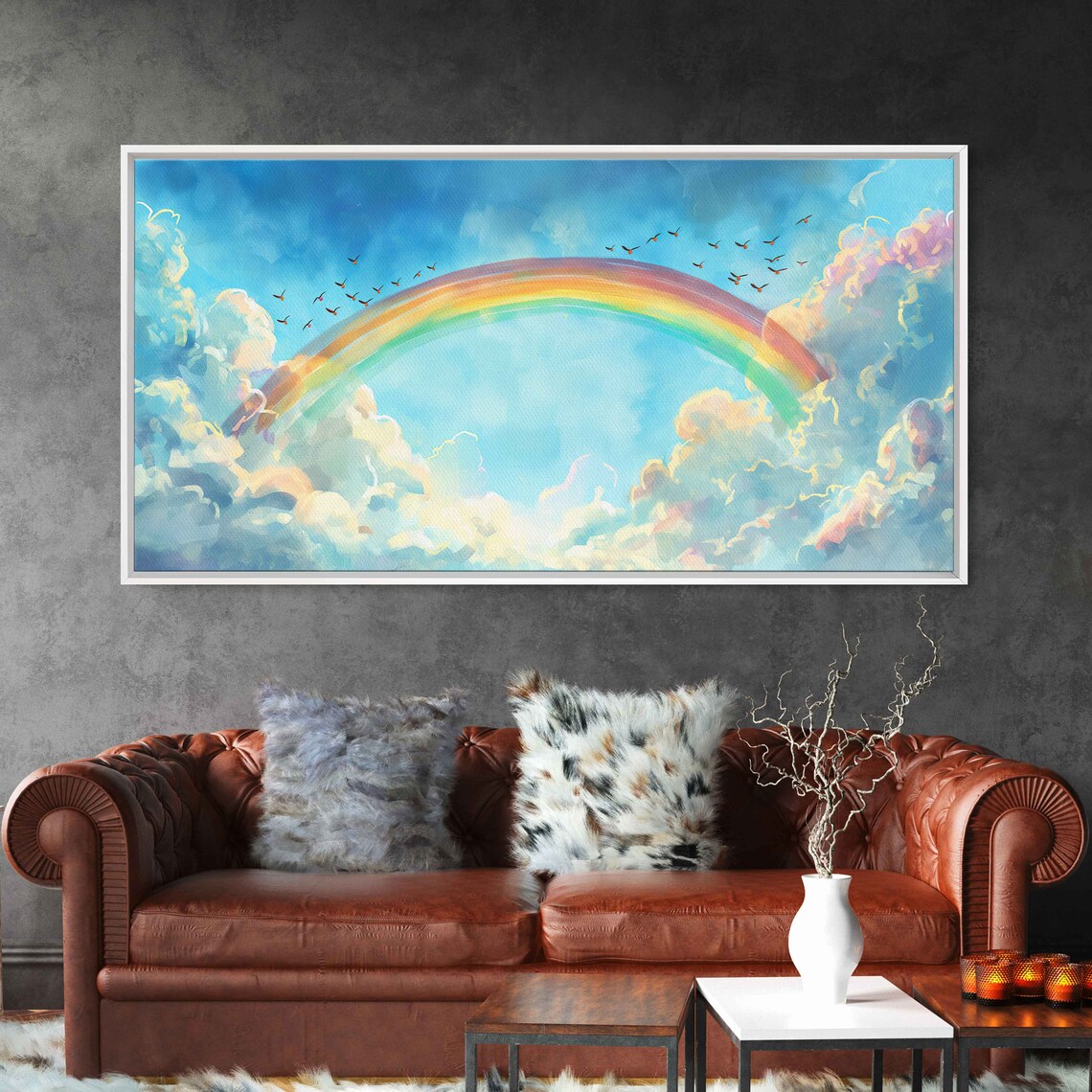 Pastel Rainbow Over Clouds and Birds, Nursery Art Print - Image 3