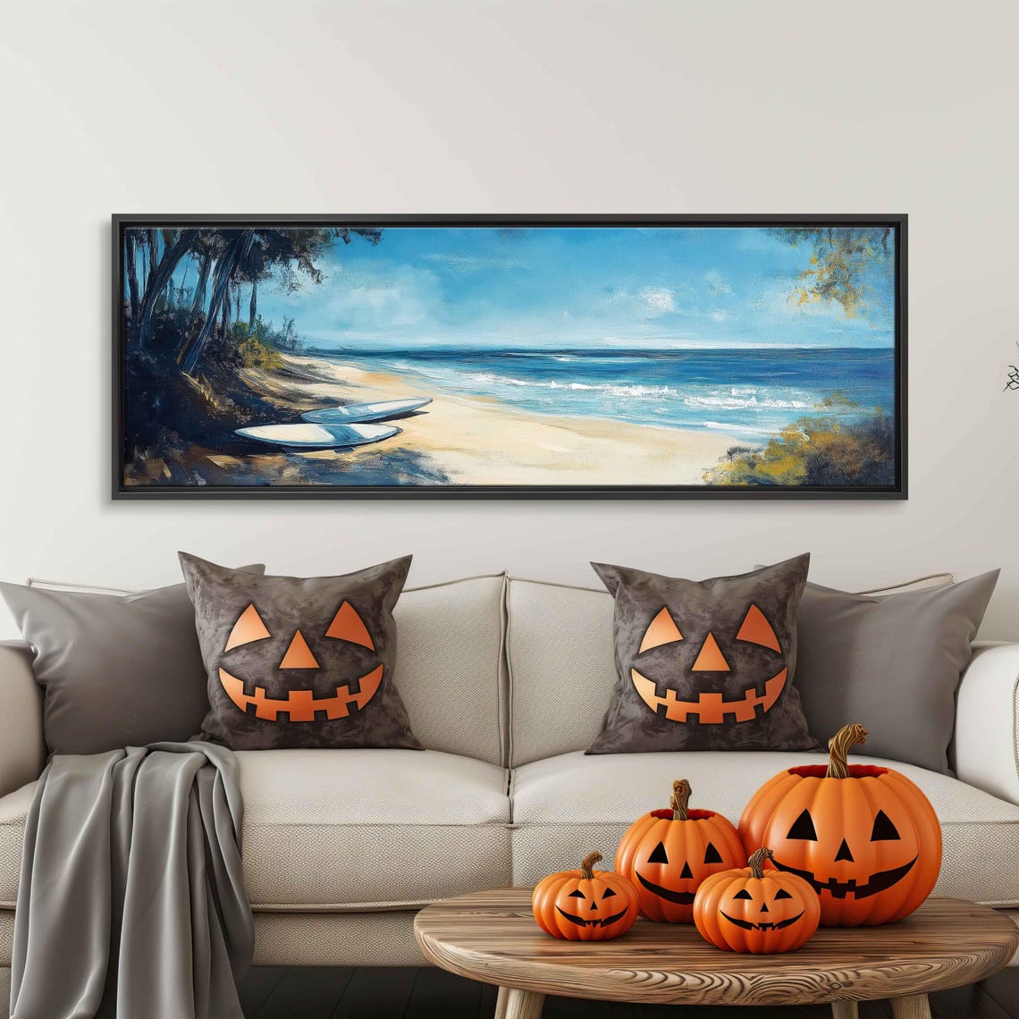 Surfboards Resting On Sandy White Beach Wall Art Print Gift For Surfer Blue Water Ocean Painting Palm Trees Ready To Hang - Image 3