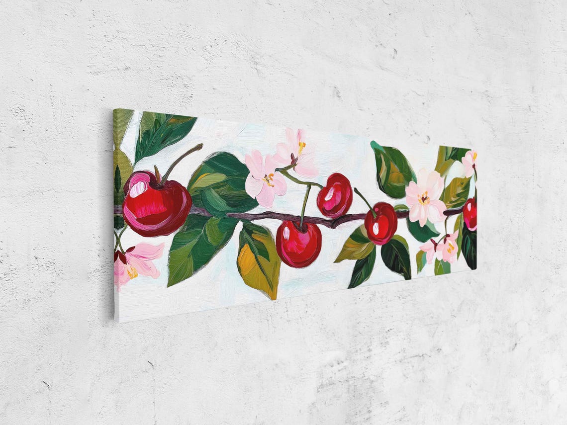 Red Cherries On Branch With Pink Blossoms Painting Wall Art Print - Image 4