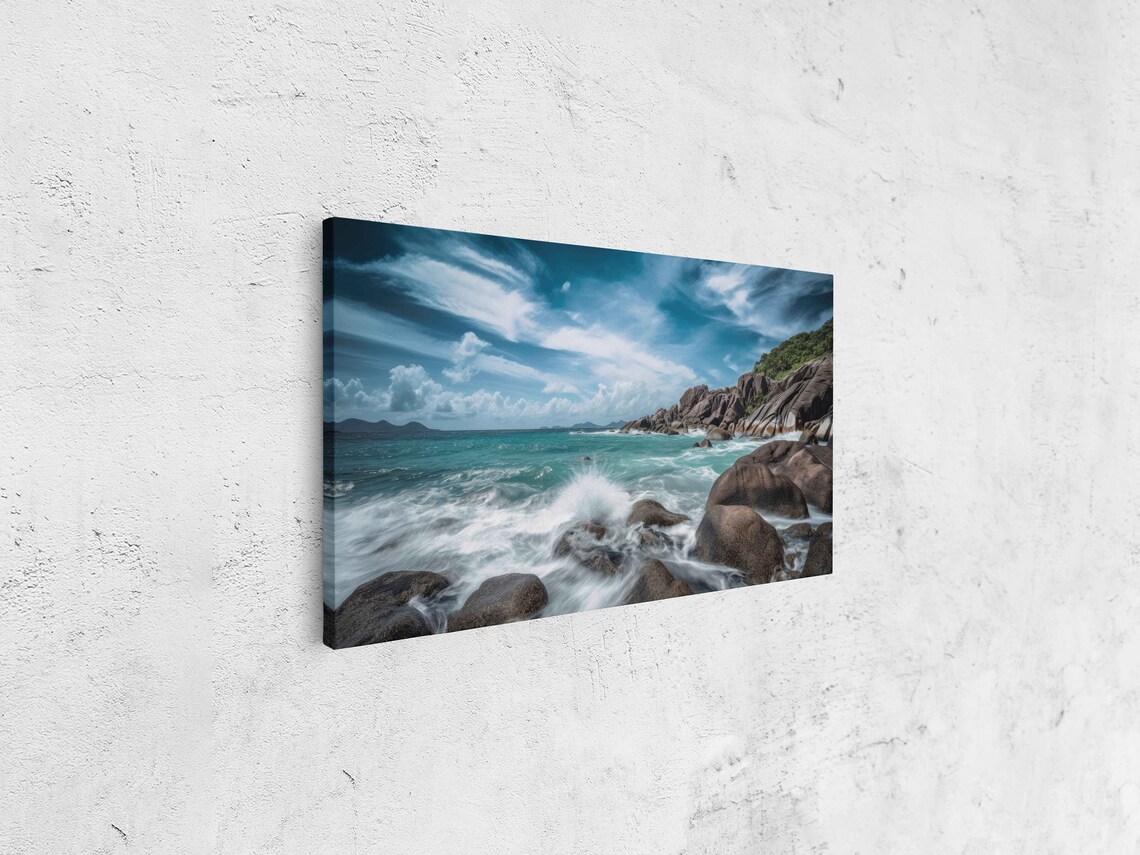 Granite Boulder Coastline Crashing Turquoise Waves Dramatic Clouds Seascape Poster - Image 4