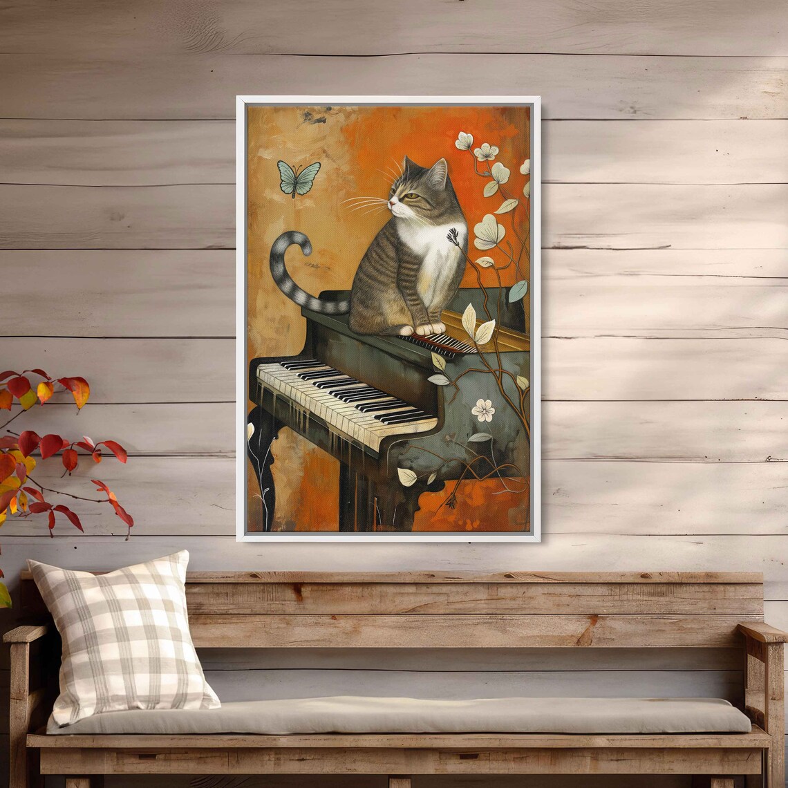 Whimsical Tabby Cat Sitting on Piano Floral Butterfly Vintage Art Print - Image 2