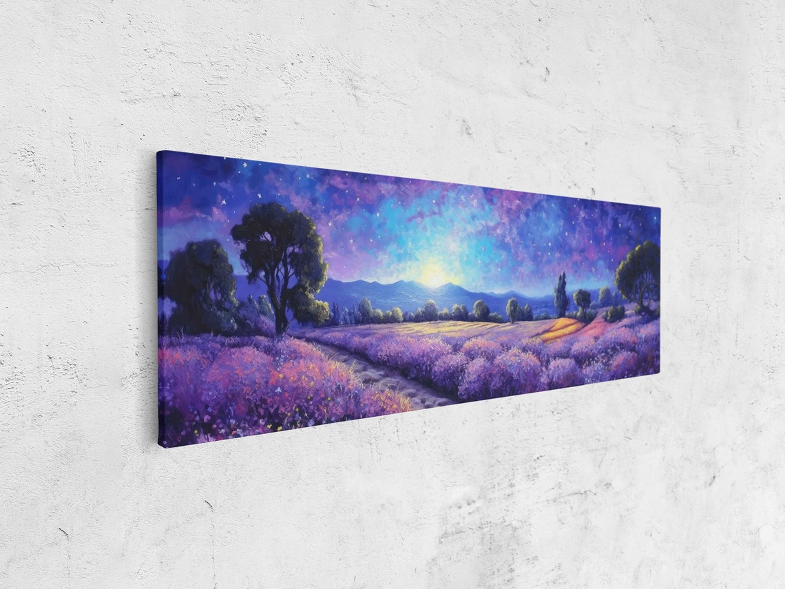 Lavender Field Under Starry Moonlit Night Sky Panoramic Art Print - Image 4