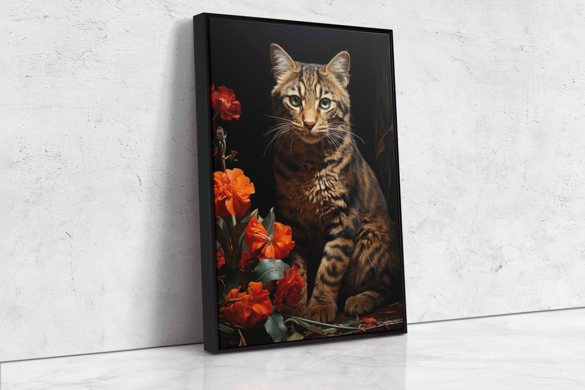 Tabby Cat With Red Flowers Dramatic Floral Feline Portrait Oil Print - Image 4