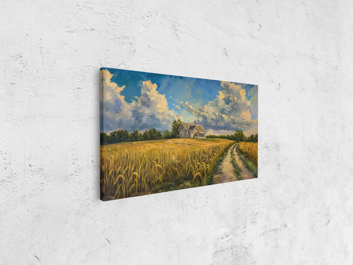 Golden Wheat Field Farmhouse Path Towering Clouds Blue Sky Painting - Image 4