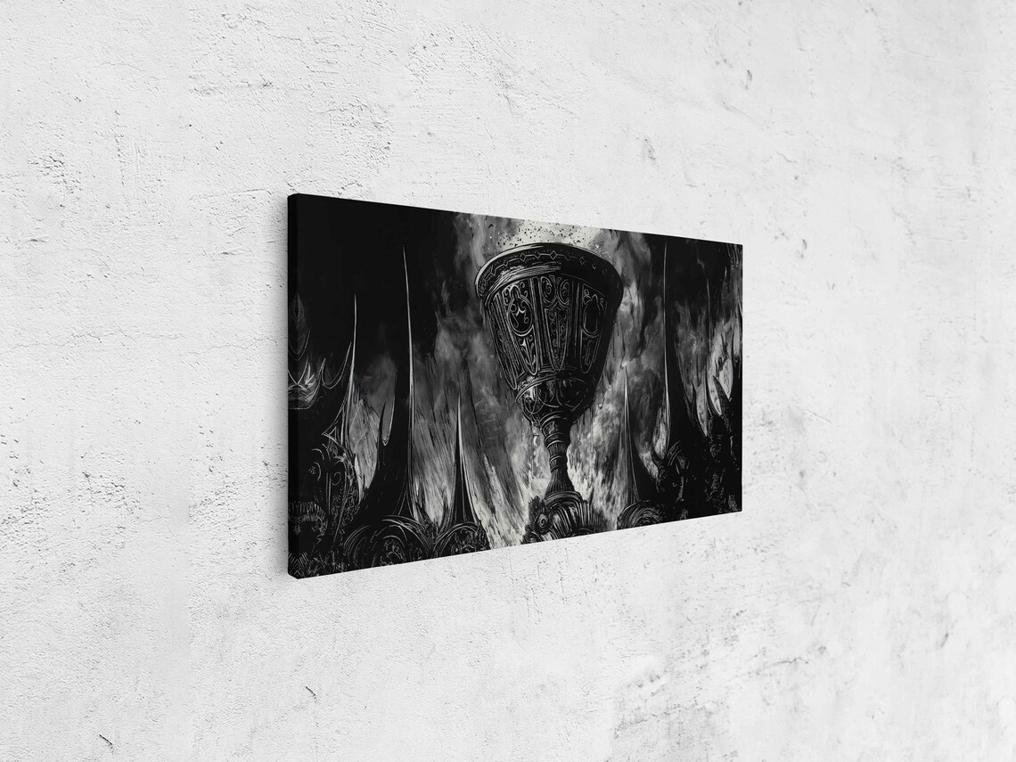 Ornate Gothic Chalice Goblet Rising From Dark Flames Ink Art Wall Poster - Image 4