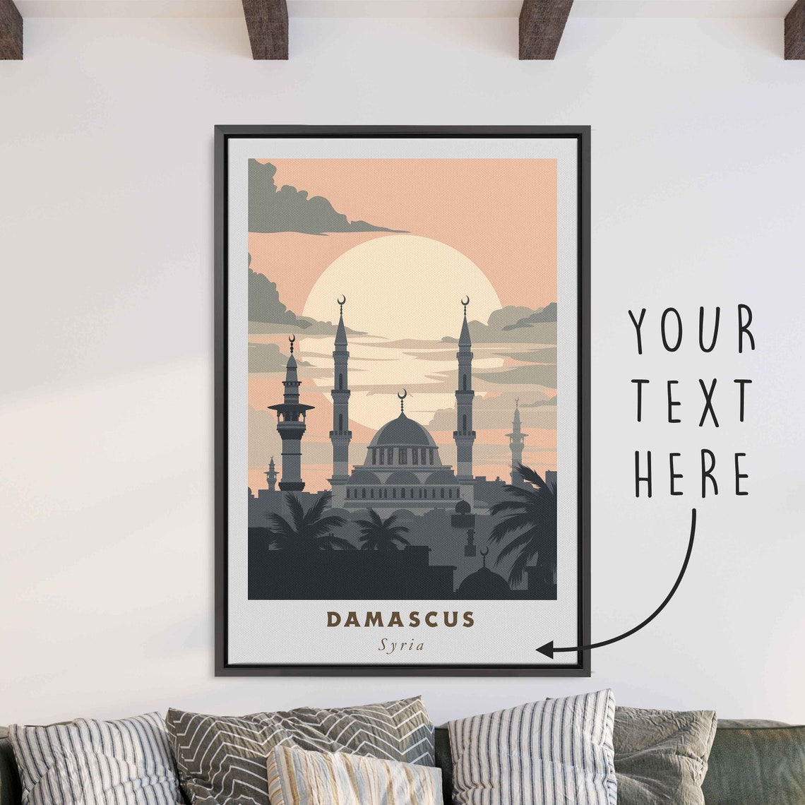Damascus Syria Mosque Minarets Silhouette Sunset Travel Poster