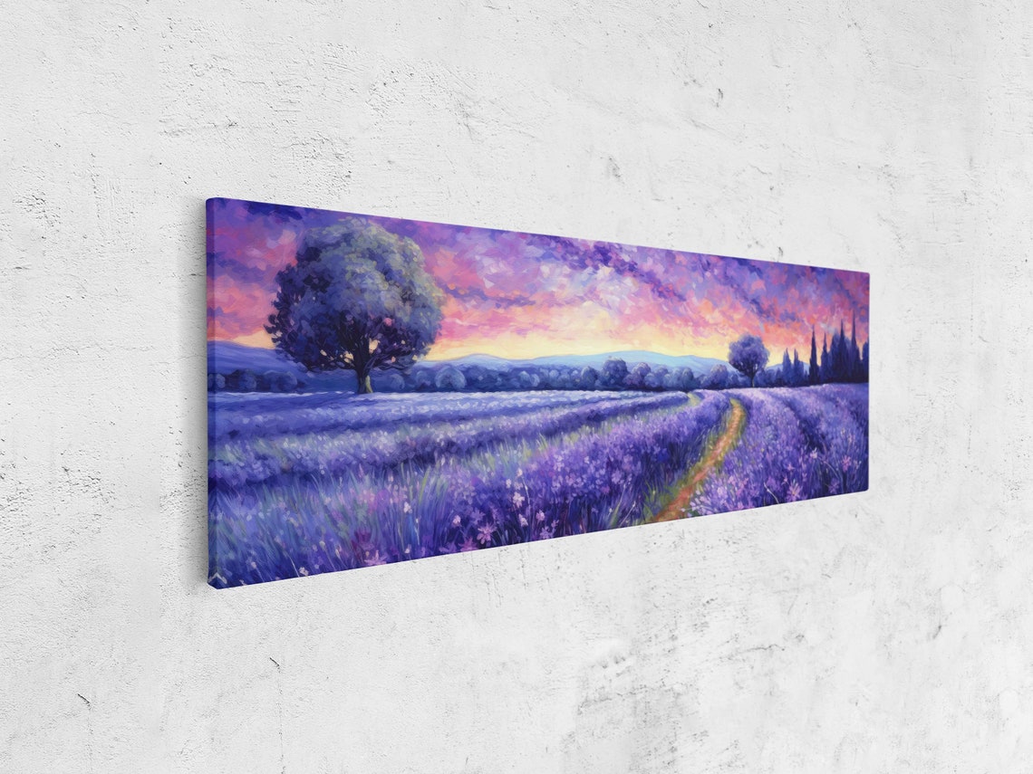 Lavender Field Winding Path Pink Sunset Panoramic Painting Poster - Image 4