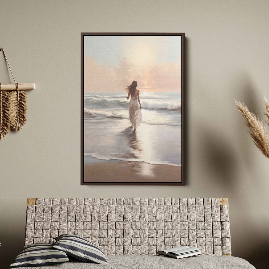 Woman Walking Beach Ocean Waves Sunrise White Dress Serene Coastal Print