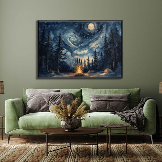 Moonlit Campsite Wall Art Print Watercolor Painting Glowing Campfire Starry Night Sky