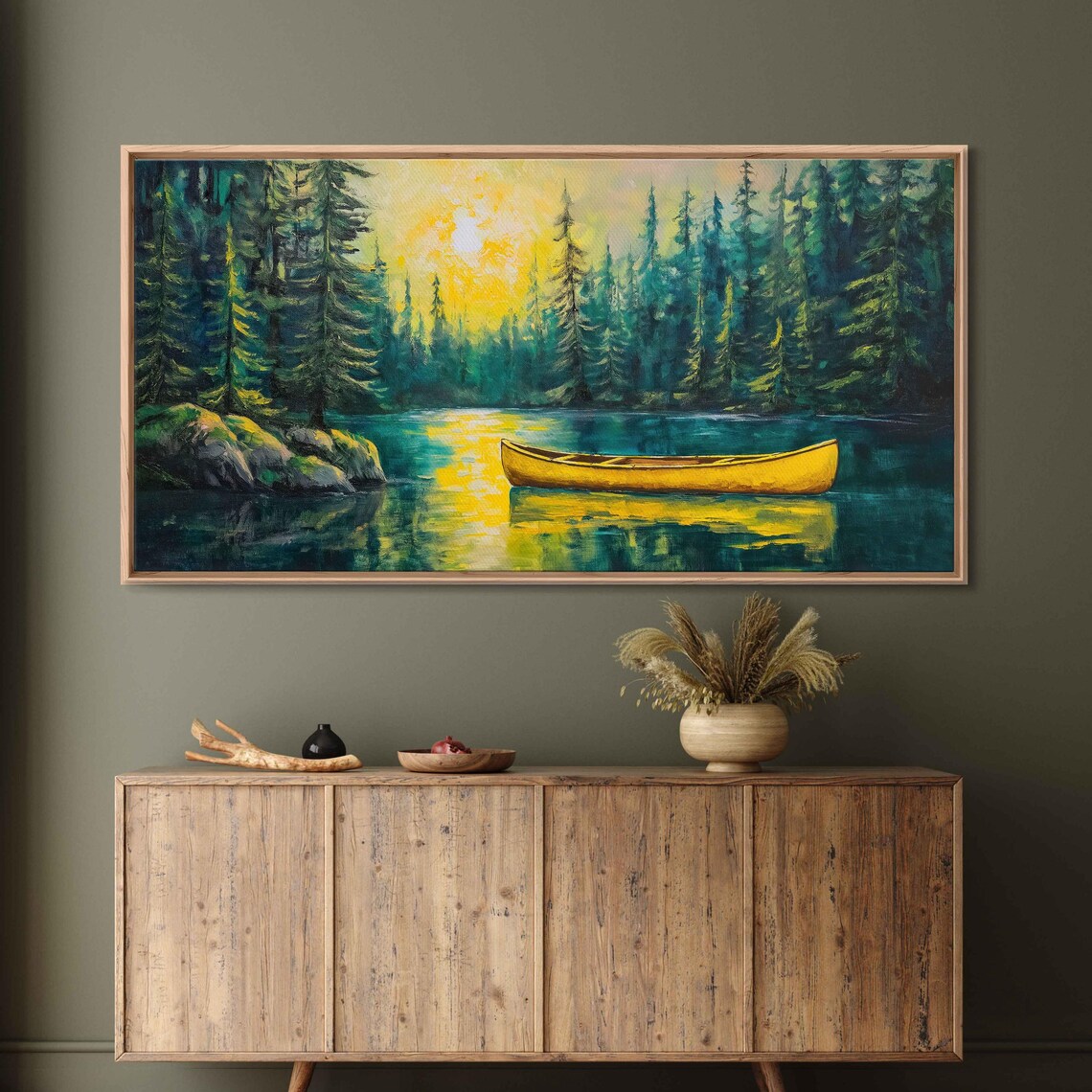 Bright Yellow Canoe Wall Art Print Serene Lake Evergreen Trees Vibrant Sunlight