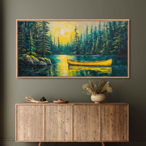 Bright Yellow Canoe Wall Art Print Serene Lake Evergreen Trees Vibrant Sunlight