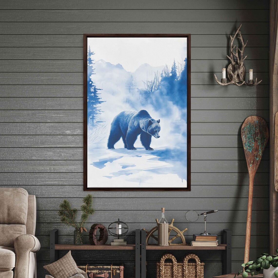 Grizzly Bear In Snowy Landscape Minimalist Blue Watercolor Art Poster - Image 3