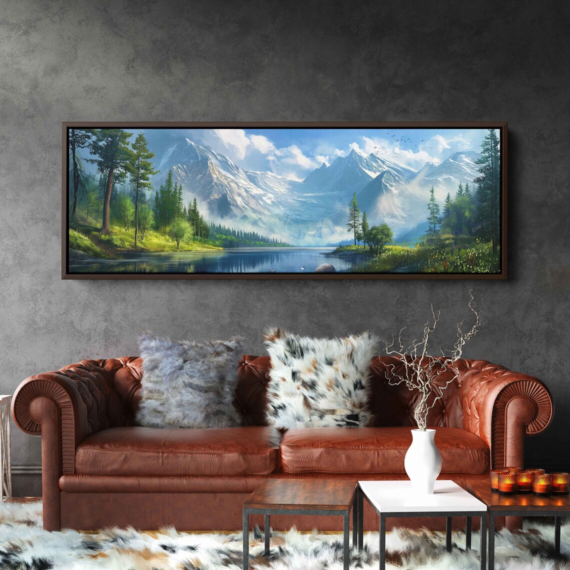 Alpine Snow Peak Lake View Tall Pines Birds Panoramic Mountain Art Poster