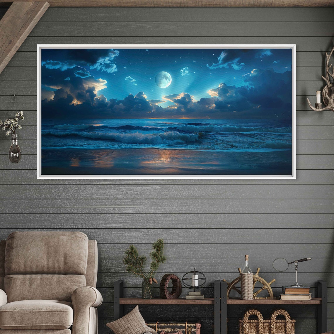 Full Moon Over Midnight Blue Ocean Dramatic Cloud Sky Poster - Image 2