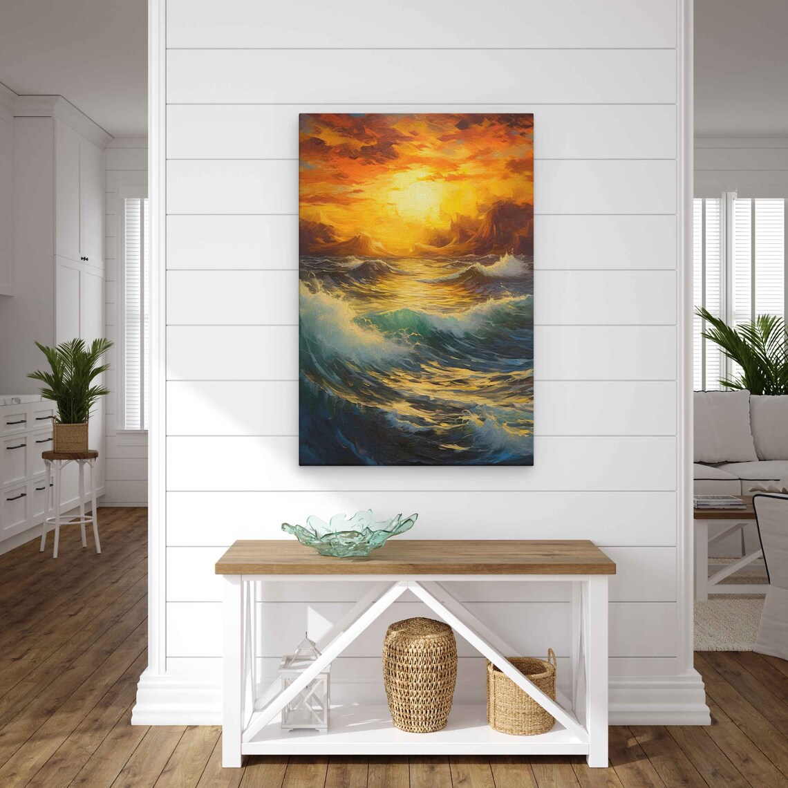 Golden Sunset Ocean Waves Crashing Surf Seascape Painting Poster - Image 3