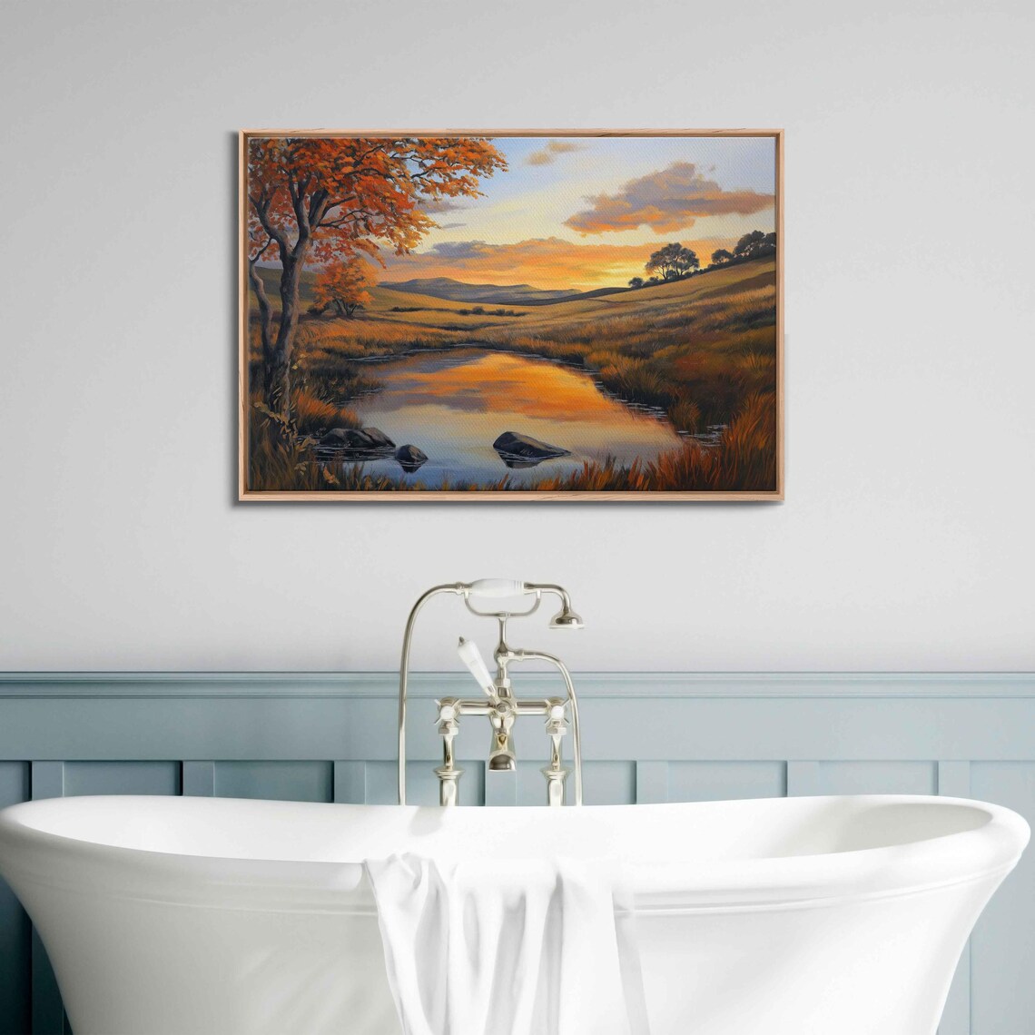 Serene Countryside Landscape, Autumn Foliage Sunset